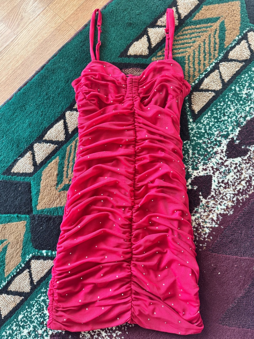 Red Ruched Rhinestone Bodycon Dress - Picture 2 of 6